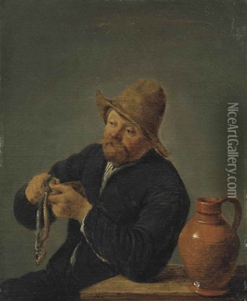 A Man Cutting Fish By A Table With An Earthenware Jug Oil Painting - Adriaen Jansz van Ostade