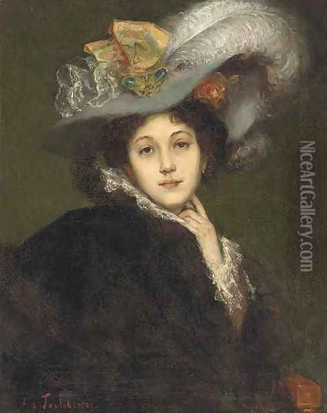 Elegante au chapeau Oil Painting - Jules Toulot