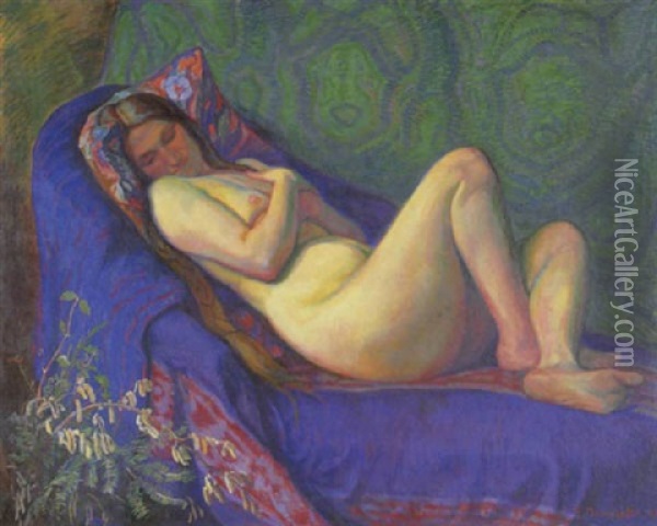 Auf Einem Kanapee Ruhender Weiblicher Akt Oil Painting - Georg Burmester