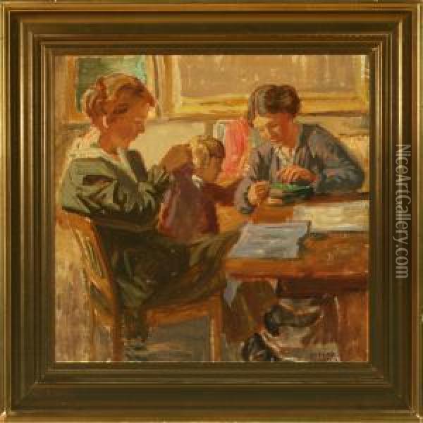 Interior With Women And Child Oil Painting - Luplau Janssen