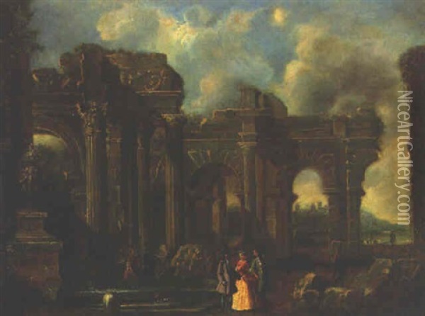 Elegant Figures Amongst Classical Ruins Oil Painting - Giovanni Ghisolfi