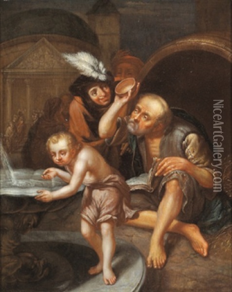 Diogenes Wirft Seine Schale Weg, Nachdem Er Einen Knaben Aus Der Hohlen Hand Trinken Sah Oil Painting - Johannes (Jan) Tielius