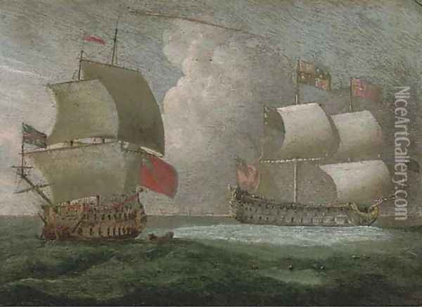 A Royal Yacht and a Royal Naval two-decker in close quarters Oil Painting - Isaac Sailmaker