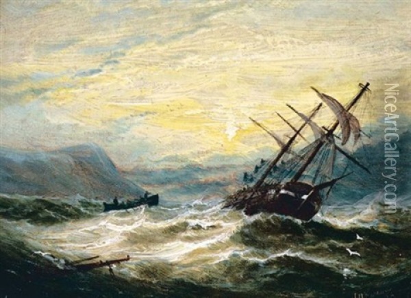 Wreck Of A Brig Off The Yorkshire Coast Oil Painting - William (of Ramsgate) Broome
