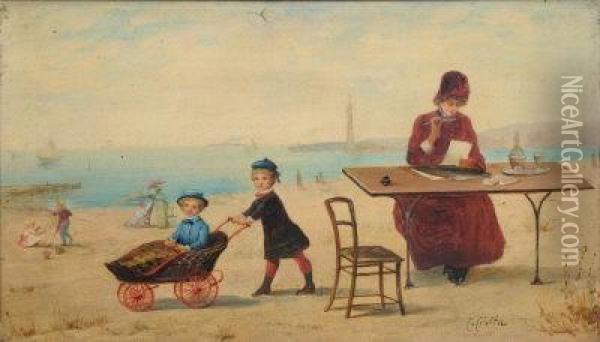 On The Beach. Oil Painting - F. Ciotta