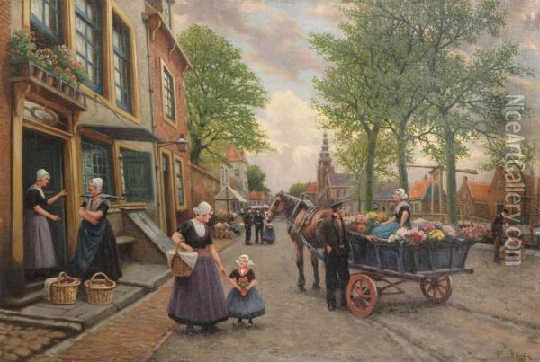 Zeeland Village With Flower Saleswomen And Figures Oil Painting - Henri Houben