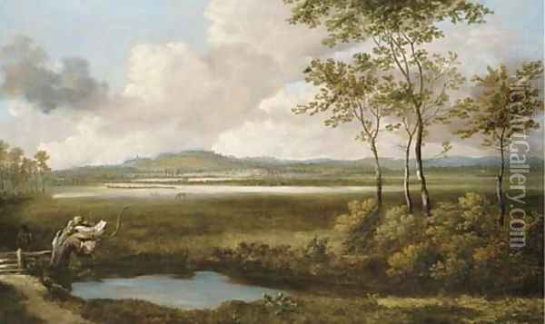 A view in the Thames Valley with a figure by a pond in the foreground Oil Painting - Jan Siberechts