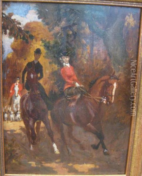 Couple De Cavaliers Et Chasse A Courre Oil Painting - Rene Maxime Choquet