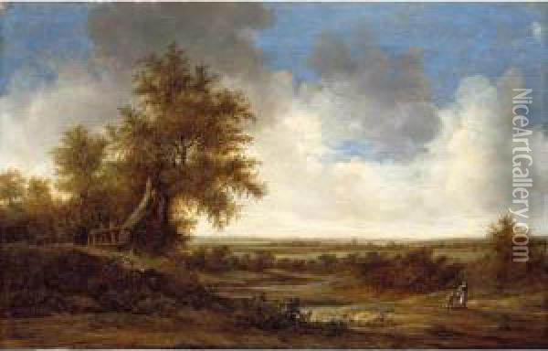 An Extensive Dune Landscape With A Mother, Her Child And Their Dog On A Country Road Oil Painting - Jacob van Mosscher