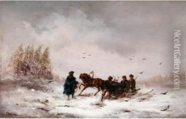 Pferdeschlitten Mit Vier Personen In Polnischer Kleidung. Oil Painting - Joseph Wolfram