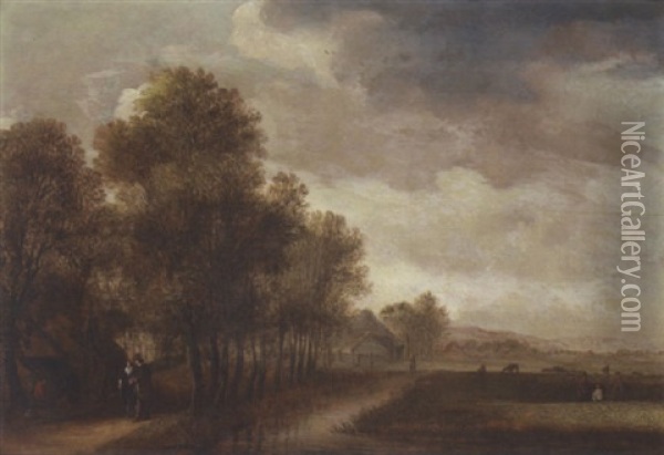 A Landscape With Figures Walking Along An Avenue Of Trees, A Cottage Nearby Oil Painting - Willem Gillisz Kool