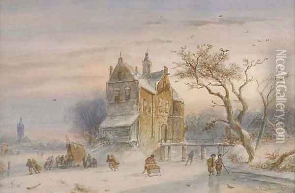 Skaters on the ice by a mansion Oil Painting - Charles Henri Leickert
