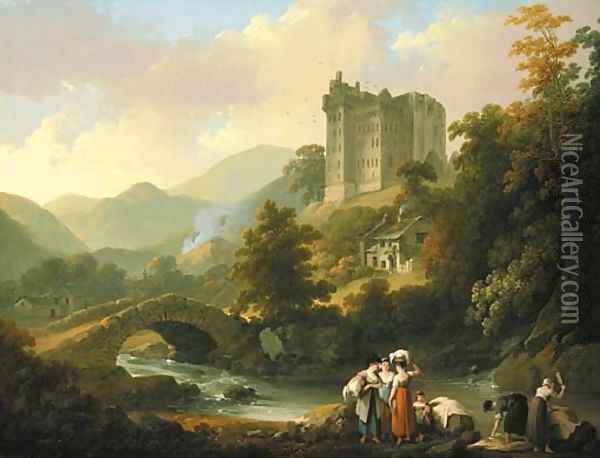 A view of Castle Campbell, Scotland, with washerwomen on the river bank in the foreground Oil Painting - Julius Caesar Ibbetson