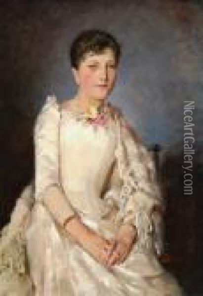 Sitzende Junge Dame In Weisem Kleid Oil Painting - Stanislaw Batowski-Kaczor