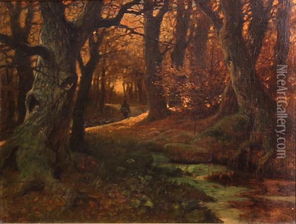 A Forest Interior With A Shepherd And Hisflock On A Road Oil Painting - Arthur Heyer