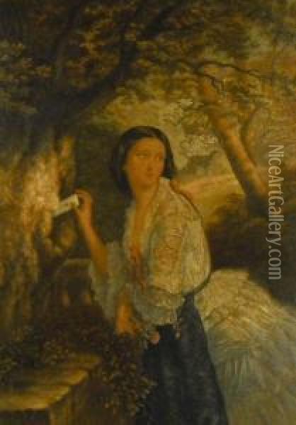 A Young Woman Placing A Love Note Within A Tree Trunk Oil Painting - George Baxter