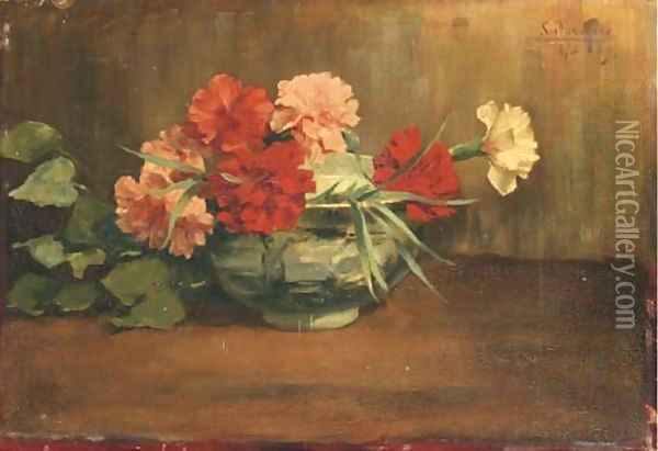 Red, pink and white carnations Oil Painting - Emile Seeldrayers
