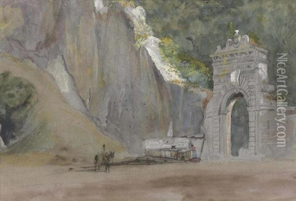 Figures Before A Stone Archway, Ariccia, Near Rome Oil Painting - James Holland