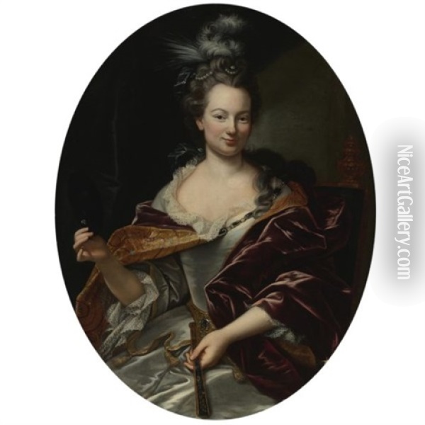 Portrait Of A Lady, Holding A Fan And A Domino Mask Oil Painting - Giovanni Maria Delle Piane