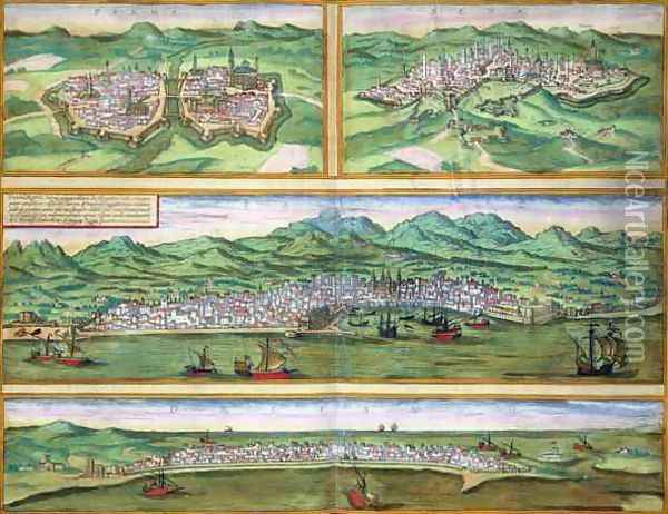 Map of Parma Siena Palermo and Drepanum from Civitates Orbis Terrarum Oil Painting - Joris Hoefnagel