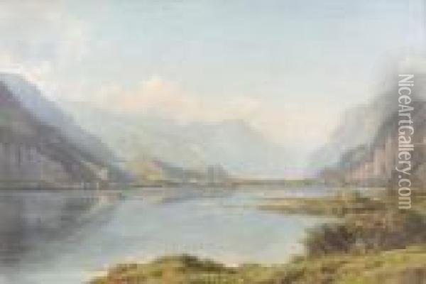 Thunersee Mit Blick Auf Interlaken Und Unterseen. Oil Painting - Jean Philippe George-Juillard