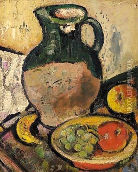 A Still Life Of Fruit And Green Jug Oil Painting - George Leslie Hunter