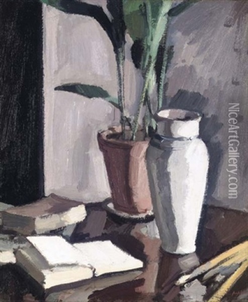 Still Life With Aspidistra And A Vase (+ Reclining Nude Study, Verso) Oil Painting - Samuel John Peploe