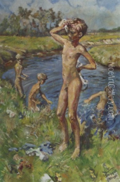 Boys Playing In The River Aa Oil Painting - Erasmus Bernhard Van Dulmen Krumpelman