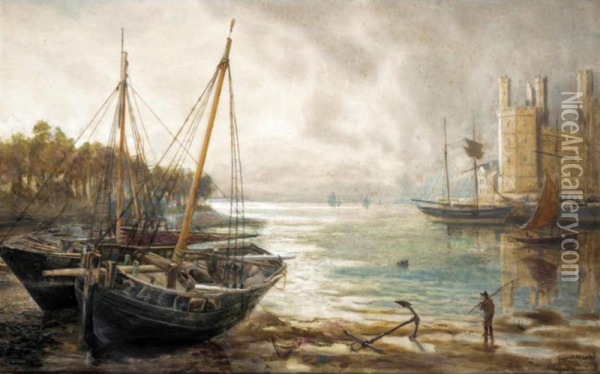 Fishing Boats Near Carnarvon Castle Oil Painting - Thomas Marie Madawaska Hemy
