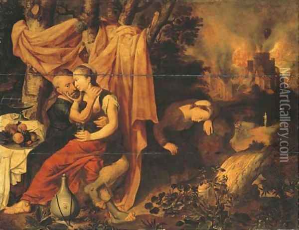 Lot and his Daughters, the Destruction of Sodom and Gomorrah beyond Oil Painting - Pieter Pourbus