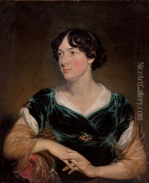 Portrait Of Charlotte Hanway Bigge In A Green Velvet Dress And Diaphanous Shawl Oil Painting - Margaret Sarah Carpenter