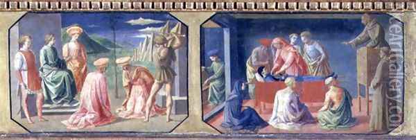 he Martyrdom of SS. Cosmas and Damian, St. Anthony of Padua finding the Miser's Heart; two panels of the predella of the Madonna and Child Enthroned by Filippo Lippi Oil Painting - Pesellino