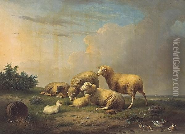 Sheep And Ducks In An Extensivelandscape Oil Painting - Franz van Severdonck