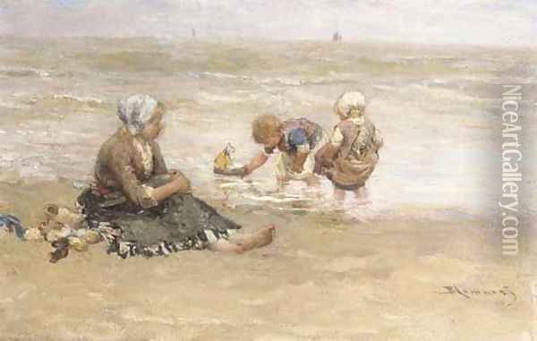 Pootje baden children playing on the beach Oil Painting - Bernardus Johannes Blommers