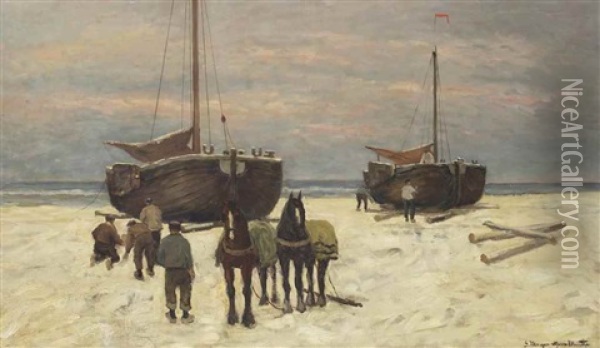 Bomschuiten And Horses On The Beach Oil Painting - Gerhard Arij Ludwig Morgenstjerne Munthe