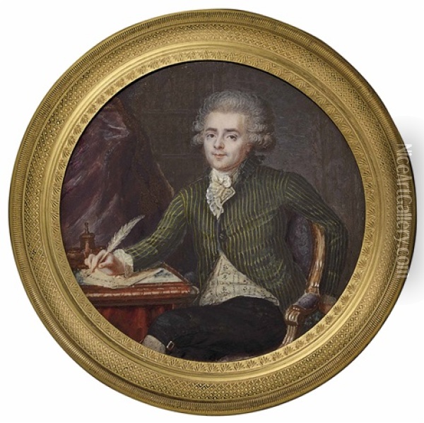 A Gentleman In Green Striped Jacket, Seated At A Desk In An Interior Oil Painting - Joseph (Derunton) Deranton