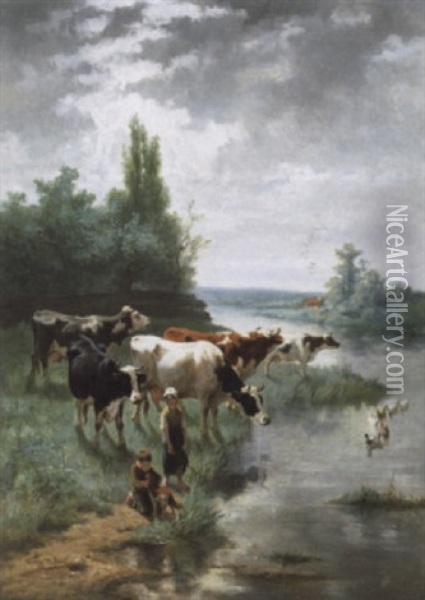 Koeienhoedertjes Bij De Rivier Oil Painting - Frans De Beul