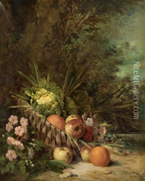Bodegon De Fruta En Paisaje Oil Painting - Manuel Gonzalez Mendez