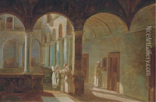 Monks In A Sunlit Cloister Oil Painting - Ferdinand Marie Delvaux