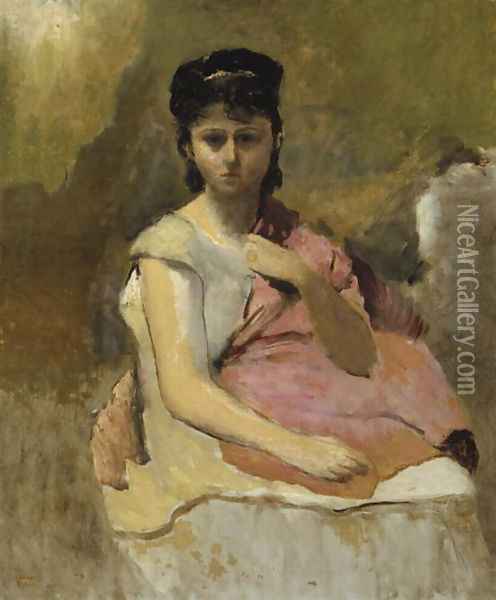 Woman with a Pink Shawl, c.1868 Oil Painting - Jean-Baptiste-Camille Corot