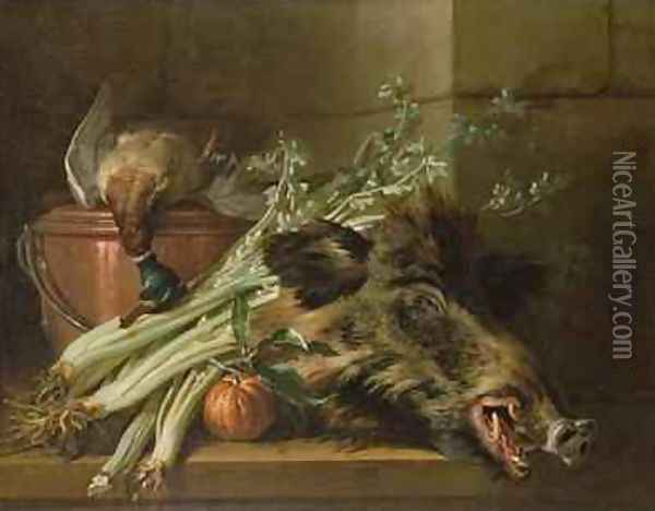 A Dead Mallard, a Boars Head, Celery and a Copper Pot on a Ledge Oil Painting - Jean-Baptiste Oudry