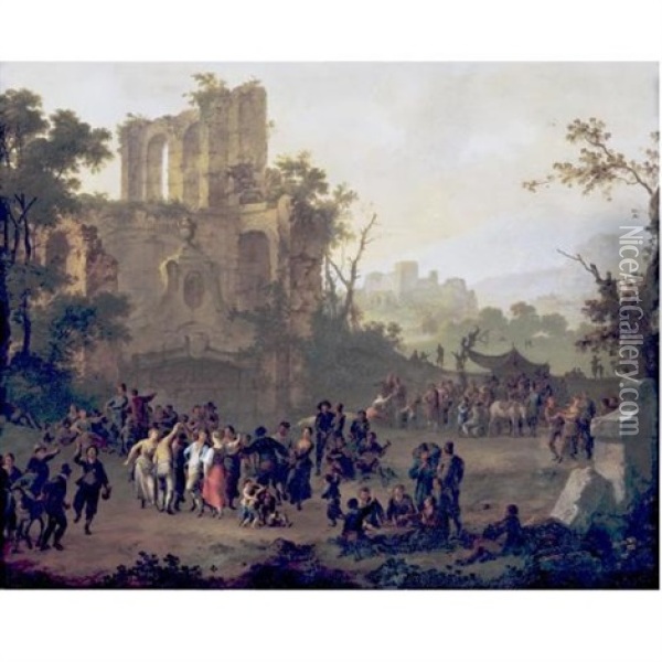 Peasants Merrymaking By A Ruin In A Mountainous Landscape Oil Painting - Franz de Paula Ferg