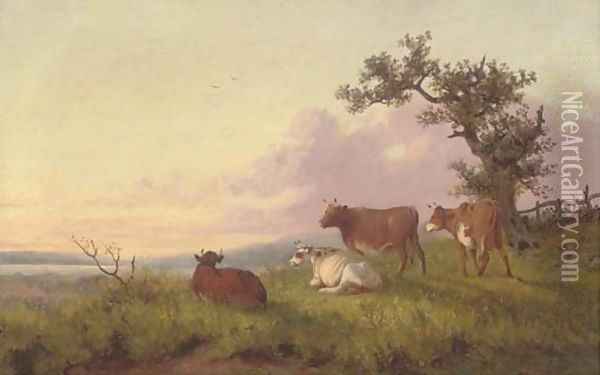 Cattle in a landscape, sunset Oil Painting - Thomas Sidney Cooper