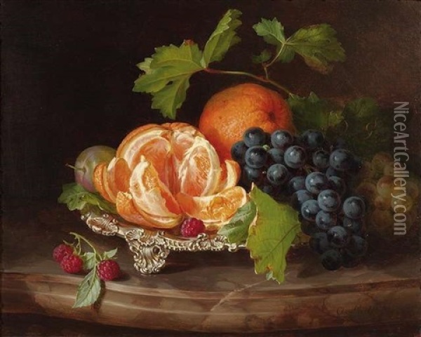 Stilleben Mit Trauben, Himbeeren Und Orangen In Einer Flachen Aufsatzschale Oil Painting - Andreas Lach