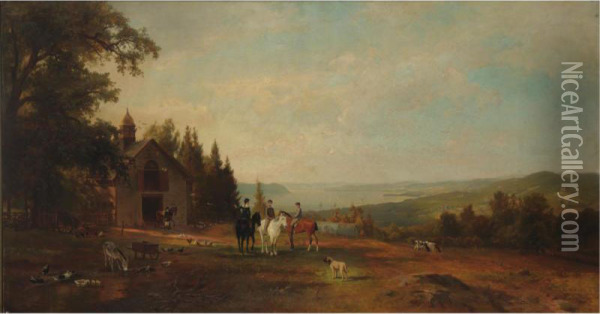 Hudson River Landscape With Equestrian Group Oil Painting - Herman Fuechsel