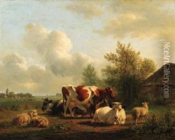 A Landscape With Cattle Resting Near A Barn Oil Painting - Jan Van Ravenswaay