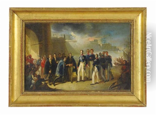 The Arrival Of Carlo Alberto Amedeo Di Savoia), King Of Sardinia 1831-1849, In Cagliari Oil Painting - Giovanni Marghinotti