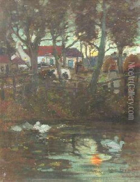 Duckpond By Moonlight Oil Painting - James Kay