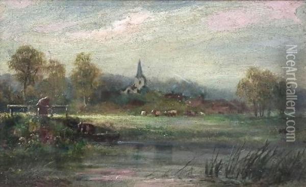 Rural Landscape Looking Towards A Church Oil Painting - James Aumonier