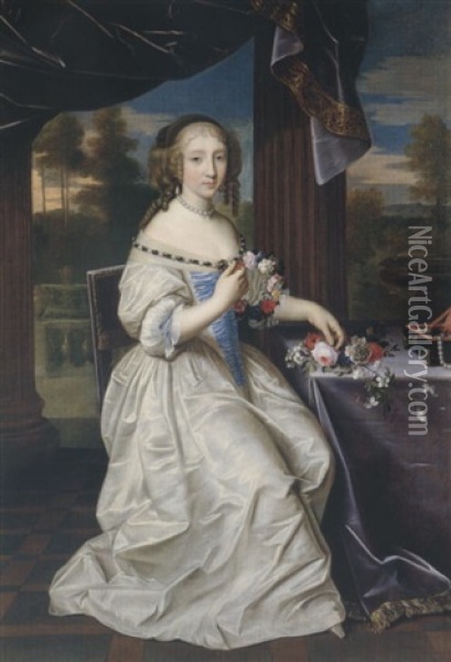 Portrait Of A Young Lady Wearing An Ivory And Blue Dress, Holding A Garland Of Flowers, Set Within A Portico Oil Painting - Pierre Mignard the Elder
